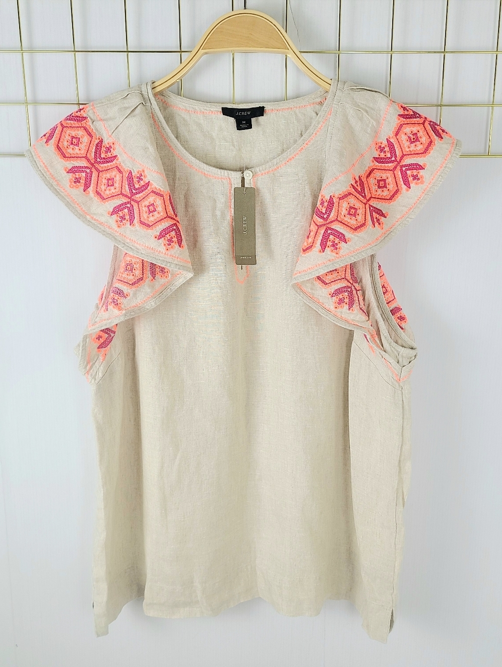 NWT J. Crew Linen Embroidered Flutter Sleeve Blouse Top